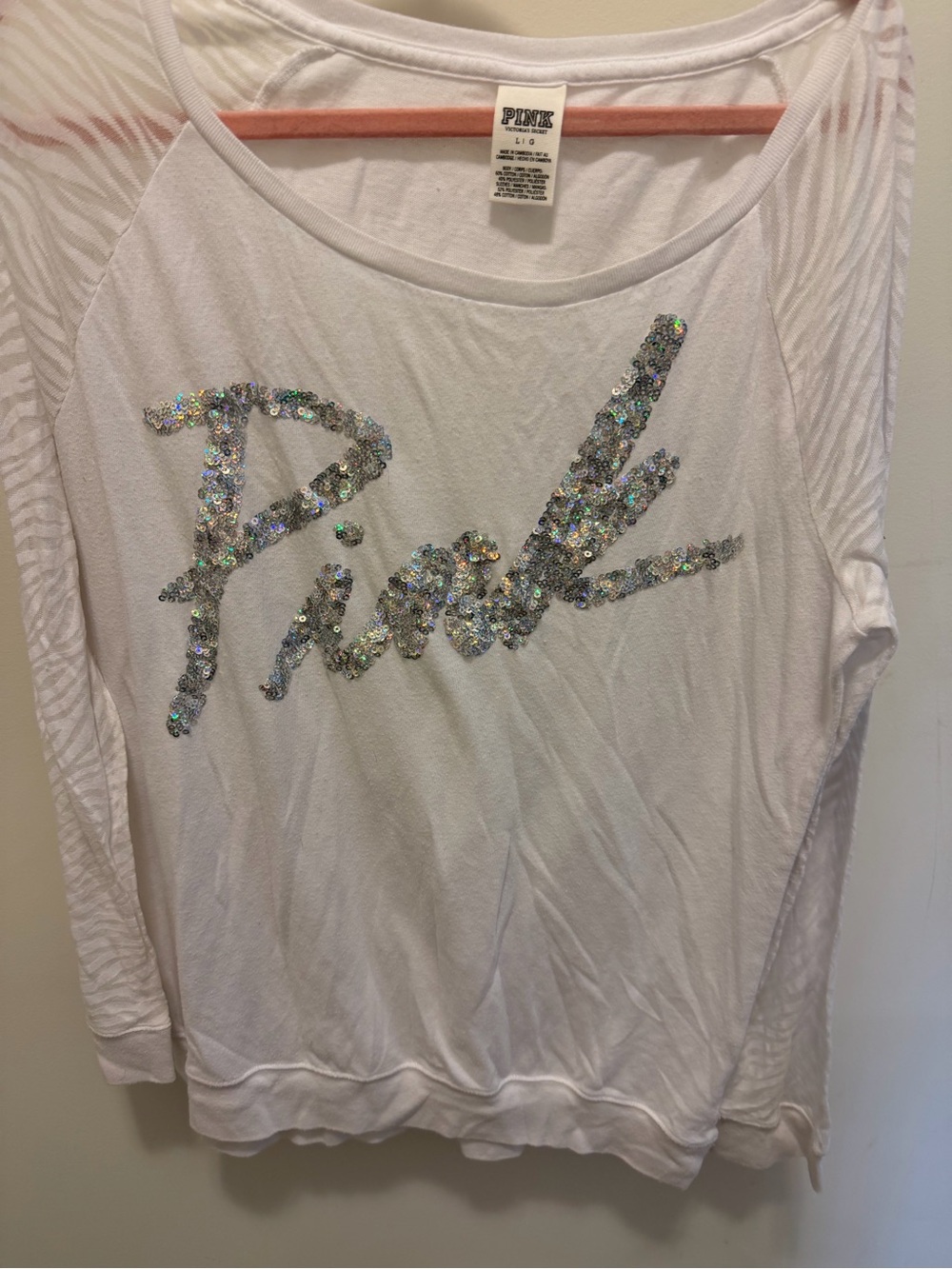PINK Victoria's Secret White Long Sleeve Sequin Logo Sweatshirt